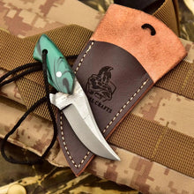 Load image into Gallery viewer, Neck Knife with Leather Sheath – Mini Damascus Pattern Blade | Green Resin Handle | JW SteelCrafts