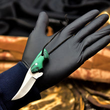 Load image into Gallery viewer, Neck Knife with Leather Sheath – Mini Damascus Pattern Blade | Green Resin Handle | JW SteelCrafts