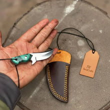 Load image into Gallery viewer, Neck Knife with Leather Sheath – Mini Damascus Pattern Blade | Green Resin Handle | JW SteelCrafts
