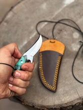 Load image into Gallery viewer, Neck Knife with Leather Sheath – Mini Damascus Pattern Blade | Green Resin Handle | JW SteelCrafts