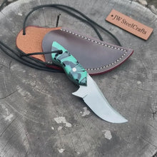 Load image into Gallery viewer, Neck Knife with Leather Sheath – Mini Damascus Pattern Blade | Green Resin Handle | JW SteelCrafts