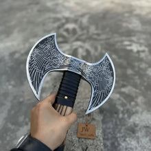 Load image into Gallery viewer, Hand Engraved Double Headed Viking Axe with Nordic Knotwork and Leather Wrapped Handle