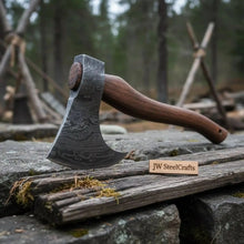 Load image into Gallery viewer, Handmade Damascus Steel Tomahawk Axe – Hand Forged Bearded Hatchet with Curved Hardwood Handle for Camping and Bushcraft | JW SteelCrafts