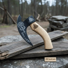 Load image into Gallery viewer, Viking Rune Engraved Bearded Axe Pizza Cutter — Carbon Steel Blade, Ash Wood Handle