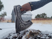 Load image into Gallery viewer, Norse Engraved Camp Hatchet with Leather Wrapped Handle and Belt Sheath | JW SteelCrafts