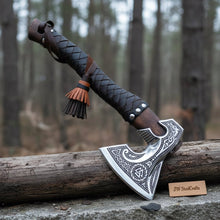 Load image into Gallery viewer, Norse Engraved Camp Hatchet with Leather Wrapped Handle and Belt Sheath | JW SteelCrafts