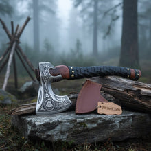 Load image into Gallery viewer, Norse Engraved Camp Hatchet with Leather Wrapped Handle and Belt Sheath | JW SteelCrafts