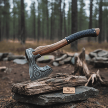 Load image into Gallery viewer, Norse Engraved Camp Hatchet with Leather Wrapped Handle and Belt Sheath | JW SteelCrafts