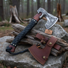 Load image into Gallery viewer, Norse Engraved Camp Hatchet with Leather Wrapped Handle and Belt Sheath | JW SteelCrafts
