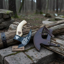 Load image into Gallery viewer, Viking Rune Engraved Bearded Axe Pizza Cutter — Carbon Steel Blade, Ash Wood Handle