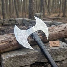 Load image into Gallery viewer, Custom Handmade Double-Headed Viking Axe with Nordic Knotwork Engravings and Cord-Wrapped Handle