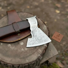 Load image into Gallery viewer, Viking Bearded Axe with Norse Engraved Blade and Leather Sheath