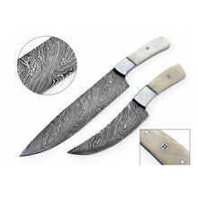 Load image into Gallery viewer, 2-Piece Damascus Chef Knife Set — 10 &amp; 8 Inch Wave Pattern Blades, White Camel Bone Handles &amp; Steel Bolsters | JW Steel Crafts