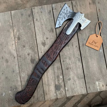 Load image into Gallery viewer, Handmade Viking Double-Bit Carbon Steel Axe with Norse Rune Etching and Engraved Hardwood Handle
