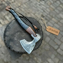 Load image into Gallery viewer, Viking Axe with Leather Wrapped Handle &amp; Engraved Head – JW SteelCrafts
