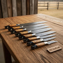 Load image into Gallery viewer, 8-Piece Damascus Fillet &amp; Precision Utility Knife Set — Olive Wood &amp; Black Resin Handles, Full Tang with Steel Bolster