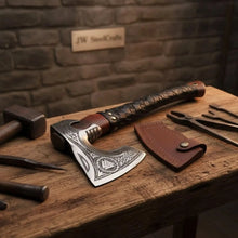 Load image into Gallery viewer, Viking Rune Engraved Bearded Hatchet with Leather Wrapped Handle