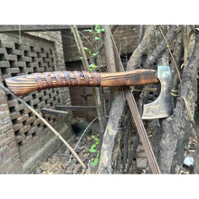 Load image into Gallery viewer, Hand Forged Carbon Steel Viking Axe with Carved Ash Wood Handle and Leather Grip