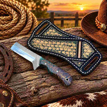 Load image into Gallery viewer, Handmade Horse Rasp Stainless Steel Cowboy Bull Cutter Knife with Orange Patterned Stone Handle &amp; Decorative Leather Sheath – SH-DS/077