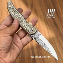 Load image into Gallery viewer, Handmade Engraved Brass Handle Folding Knife for EDC