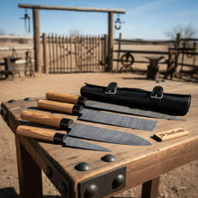 Load image into Gallery viewer, 4-Piece Twisted Damascus Kitchen Knife Set — Chef, Nakiri, Slicer &amp; Paring with Olive Wood Wa Handles &amp; Black Leather Roll | JW Steel Crafts