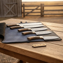 Load image into Gallery viewer, JW SteelCrafts 5 Piece Damascus Kitchen Knife Set Chef Santoku Utility and Paring Knives Pakka Wood Handle with Leather Knife Roll Professional Cooking Set