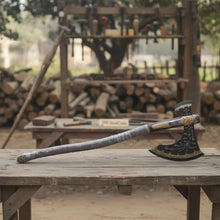 Load image into Gallery viewer, Hand Forged Viking Fantasy Double-Bit Axe with Norse Engraving, Gold Handle Fittings and Blue Gemstone Inlays