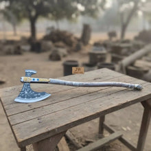 Load image into Gallery viewer, Hand Forged Viking Fantasy Double-Bit Axe with Norse Engraving, Gold Handle Fittings and Blue Gemstone Inlays