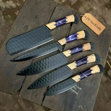 Load image into Gallery viewer, 5-Piece Hand-Forged Chef Knives Set – Black Blades, Purple Resin &amp; Olive Wood Handles