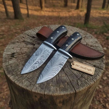 Load image into Gallery viewer, Bowie Knife Feather Damascus Blade Pinecone Handle Fixed Blade Hunting Knife