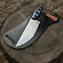 Load image into Gallery viewer, Serbian Utility Knife 9” – Acid Etched Blade with Resin Handle &amp; Leather Sheath