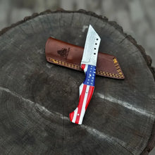 Load image into Gallery viewer, Damascus Tanto Fixed Blade Knife with American Flag Resin Handle, and Leather Sheath