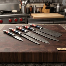 Load image into Gallery viewer, Texas Flag Handle Damascus 5-Piece Knife Set with Leather Kit