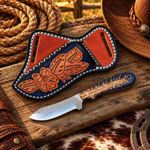 Load image into Gallery viewer, Handmade Horse Rasp Stainless Steel Cowboy Skinner Knife with Dark Textured Stone Handle &amp; Decorative Cross-Draw Leather Sheath – SH-059