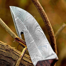 Load image into Gallery viewer, Damascus Gut Hook Hunting Knife — Bone, Turquoise Resin &amp; Rosewood Handle, Damascus Bolster &amp; Leather Belt Sheath