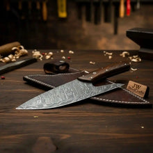 Load image into Gallery viewer, French-Style Damascus Chef Carving Knife – Fire Pattern Blade, 10" Overall, Rosewood Handle with Mosaic &amp; Brass Pins