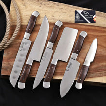 Load image into Gallery viewer, 6-Piece High Carbon Steel Kitchen Knife Set with Leather Roll — Olive Wood Handles, Steel Bolsters, 7 to 12 Inc