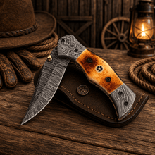 Load image into Gallery viewer, Personalized Damascus Steel Pocket Knife – 7.5” Folding Knife with Burnt Camel Bone Handle &amp; Belt Clip