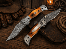 Load image into Gallery viewer, Personalized Damascus Steel Pocket Knife – 7.5” Folding Knife with Burnt Camel Bone Handle &amp; Belt Clip