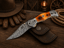 Load image into Gallery viewer, Personalized Damascus Steel Pocket Knife – 7.5” Folding Knife with Burnt Camel Bone Handle &amp; Belt Clip