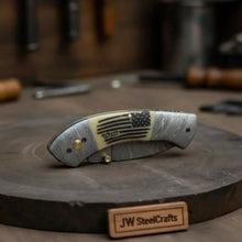 Load image into Gallery viewer, Handmade Damascus Drop Point Folding Knife – American Flag Handle, EDC Pocket Knife