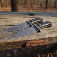 Load image into Gallery viewer, Bowie Knife Feather Damascus Blade Pinecone Handle Fixed Blade Hunting Knife