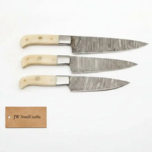 Load image into Gallery viewer, Handmade Damascus 3-Piece Kitchen Knife Set with Bone Handles, Slicing Carving and Chef Knives