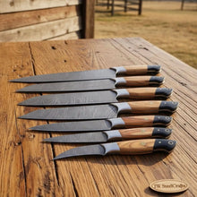Load image into Gallery viewer, 8-Piece Damascus Fillet &amp; Precision Utility Knife Set — Olive Wood &amp; Black Resin Handles, Full Tang with Steel Bolster
