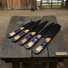 Load image into Gallery viewer, 5-Piece Hand-Forged Chef Knives Set – Black Blades, Purple Resin &amp; Olive Wood Handles