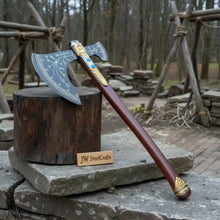 Load image into Gallery viewer, Hand Forged Viking Fantasy Double-Bit Axe with Norse Engraving, Gold Handle Fittings and Blue Gemstone Inlays