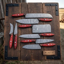 Load image into Gallery viewer, Damascus Kitchen Knife Set of 8, Hand-Forged with Red Pakka Handles