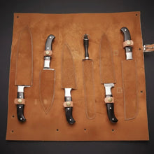 Load image into Gallery viewer, 5-Piece Damascus Kitchen Knife Set — 9" Uniform Blades, Black Handles with Steel Bolsters, Leather Roll &amp; Honing Rod