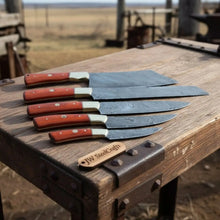 Load image into Gallery viewer, 5 Piece Damascus Kitchen Knife Set with Rosewood Handles, Cleaver Bread Chef Utility and Paring Knives, Handmade Professional Cooking Set