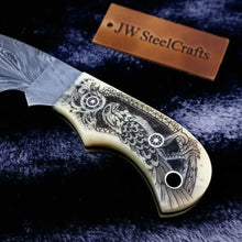 Load image into Gallery viewer, Handmade Damascus Drop Point Hunting Knife with Engraved Bone Handle and Leather Sheath